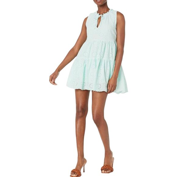 BB Dakota Steve Madden Soft Green Cotton Eyelet Tiered Ruffle Mini Dress - Picture 2 of 13